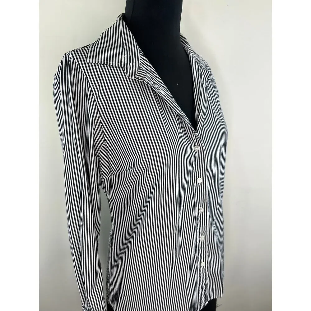 J Crew Stretch Perfect Top White Black Stripe Button Up Long Sleeve Shirt PS